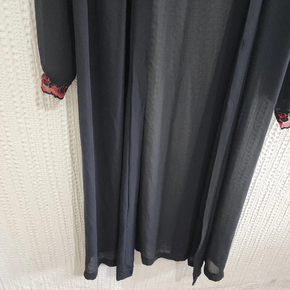 Vintage Private Luxuries Sheer Black Kimono Red Floral Embroidery Lace Robe M